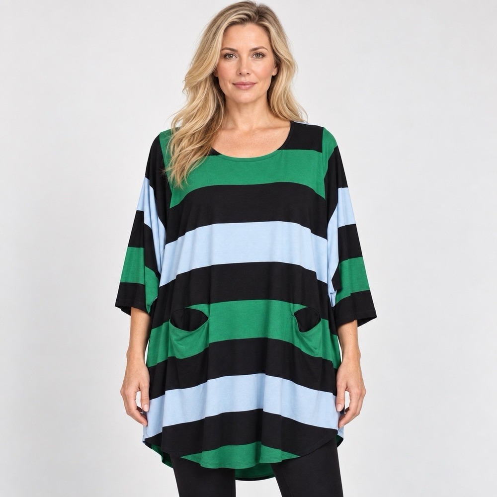 Alembika  Tunic Top Oversized Striped Multicolor Pockets Lagenlook Suze Small